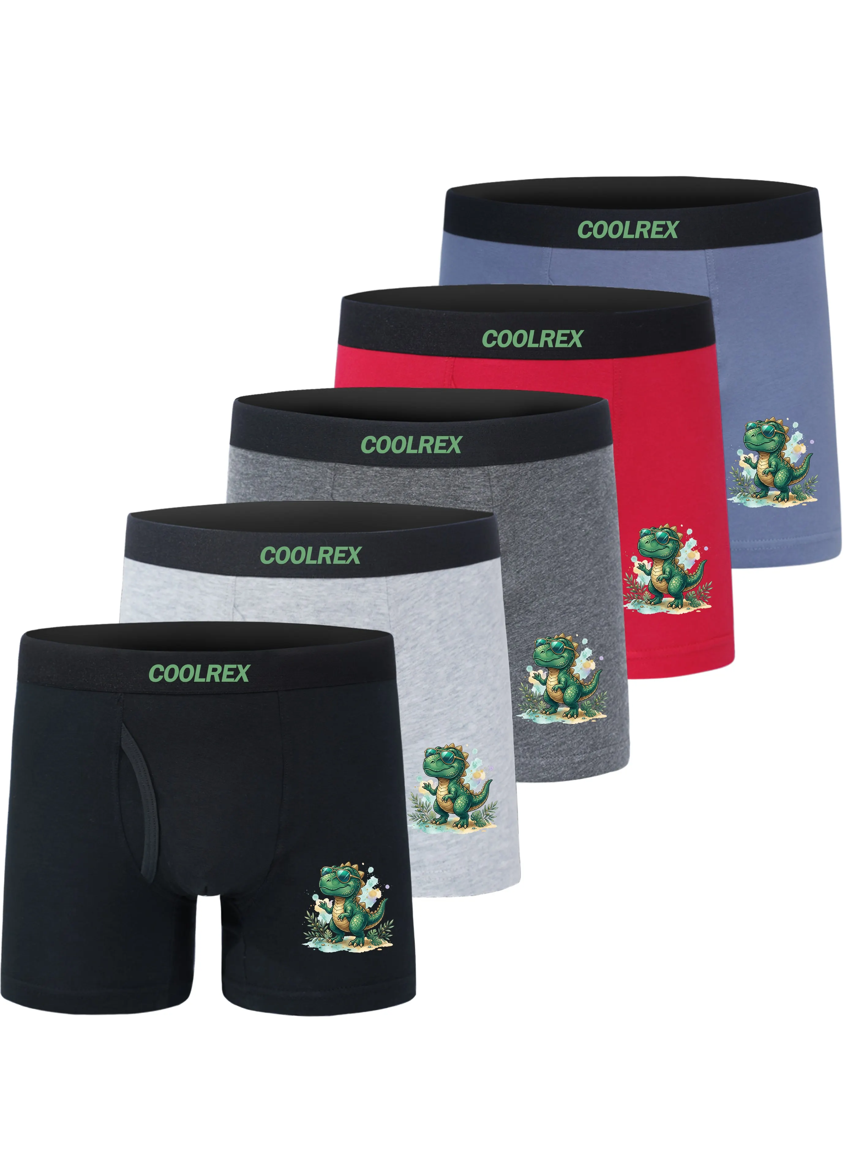 Boys 5-Pack Summer Cotton Boxer Briefs Cute Sunglasses Dinosaur Print Soft Breathable Underwear for Boys Aged 5-15 Years
