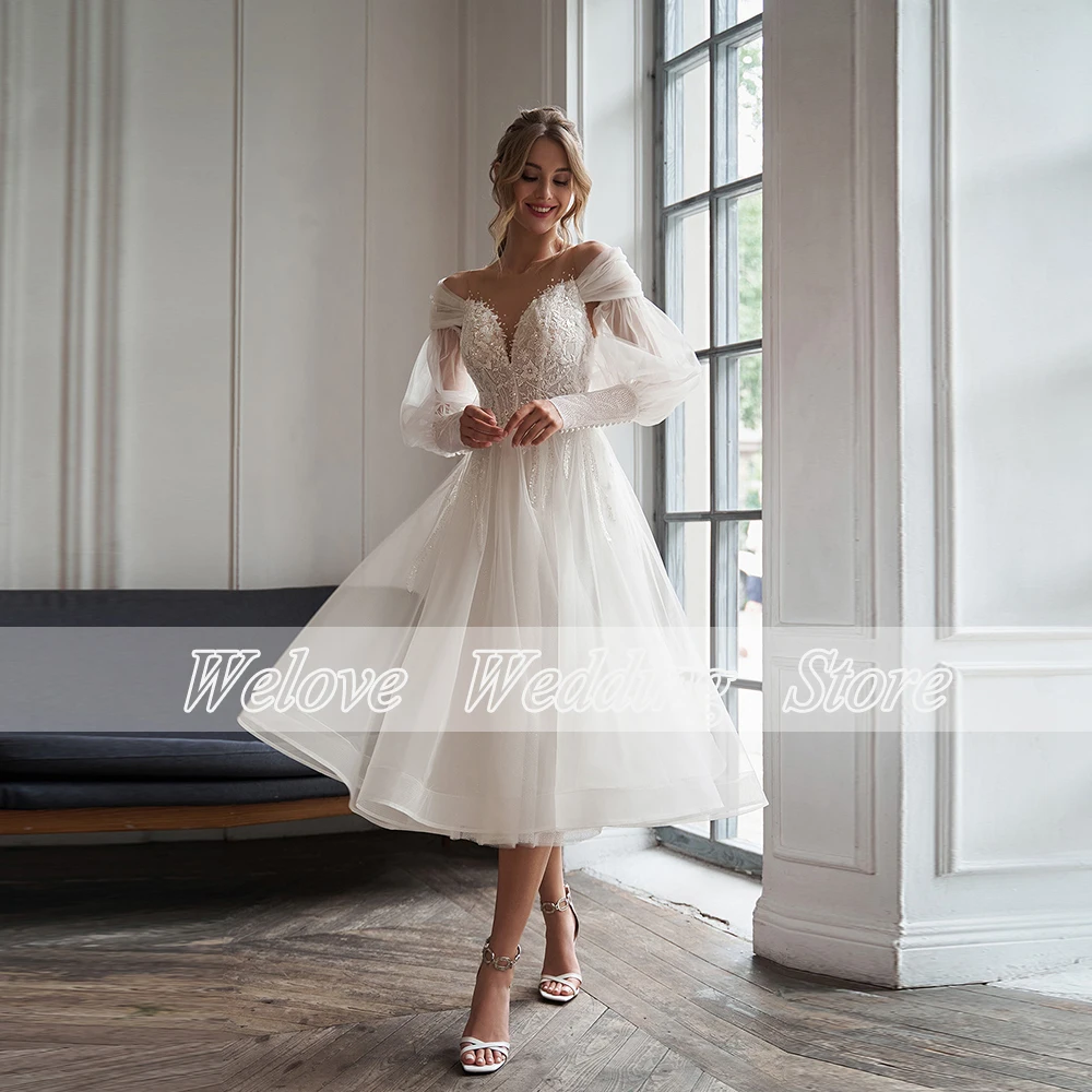 Moderne Tulle Thee Lengte Wit Engagement Party Trouwjurk Voor Bruid Met Mouwen V-hals Sheer Button Terug Een Lijn свадебное