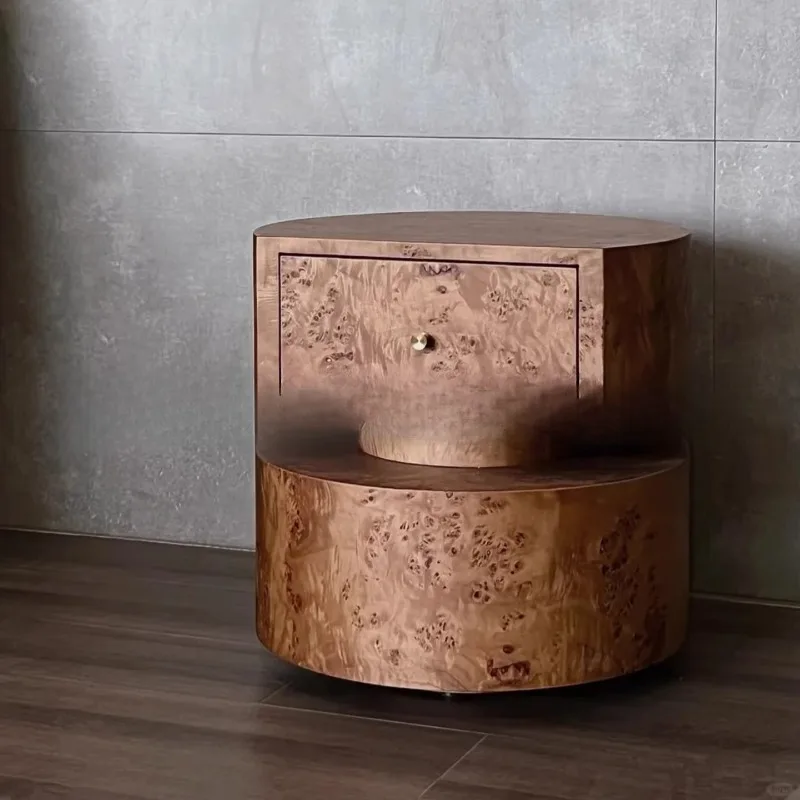 

Medieval solid wood round bedside table removable locker with drawers, leather solid wood bedside table