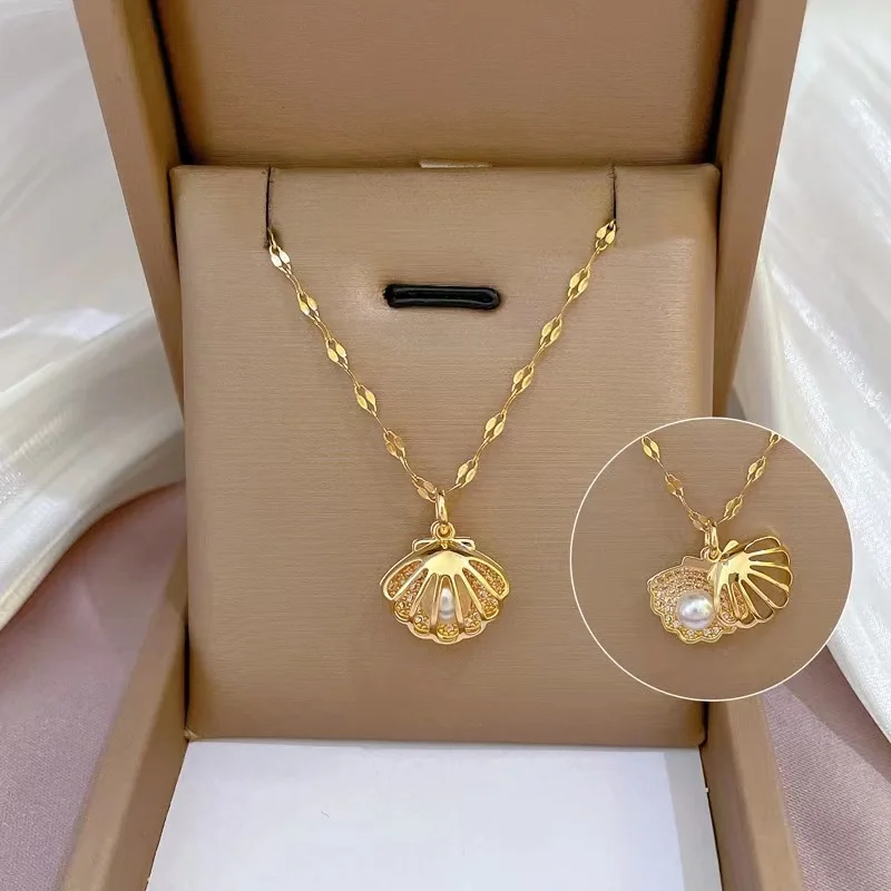 Collar de perlas de concha de lujo ligero coreano para mujer, gargantilla de acero inoxidable con microincrustaciones de circón, corazón de amor, Luna, joyería de boda