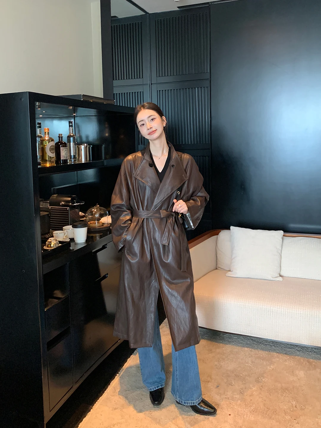 Ele vintage couro pu jaet feminino cintura costurando casaco longo casual sle facionable gola corta-vento de comprimento médio