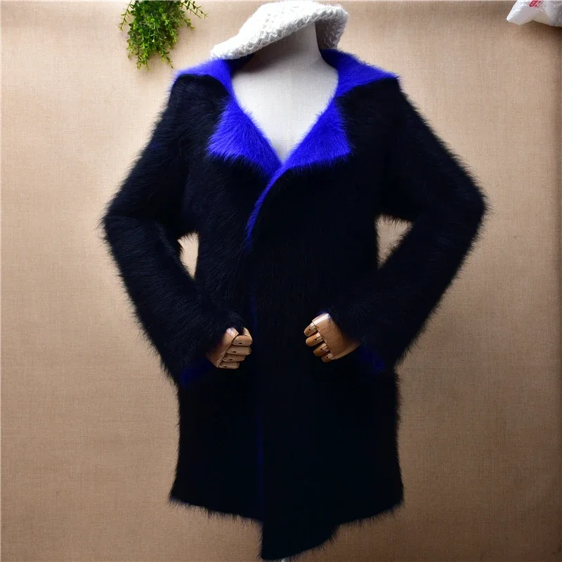 

Female Women Fall Winter Thick Hairy Mink Cashmere Knitted Suit Collar Long Sleeves Slim Long Cardigan Angora fur Coat Sweater