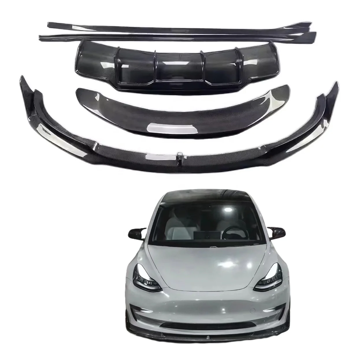 For Model 3 Body Kit Dry Carbon Fiber V-shaped Front Lip Side Skirt Rear Bumper Diffusion