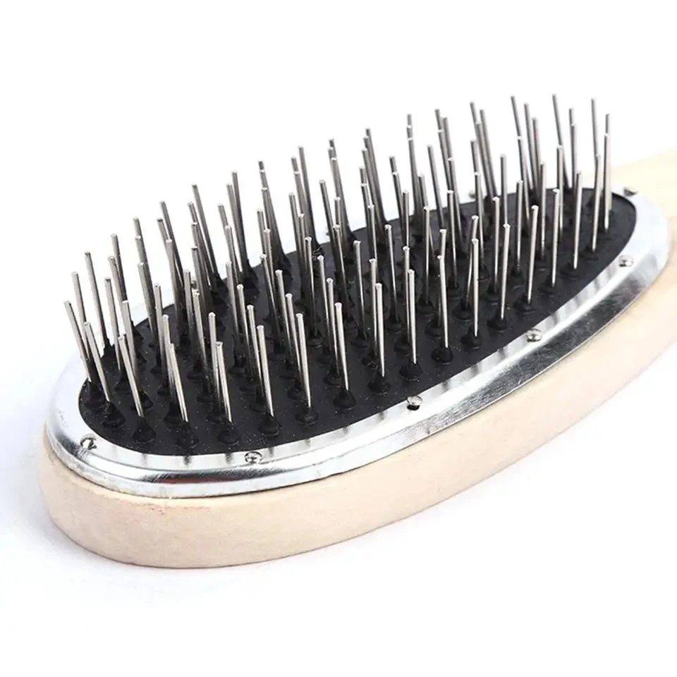 Cepillo de lazo negro para cabello y dientes de acero, cepillos de plástico, peine de madera, peluca, cepillo de extensión, sin enredos, 1 unidad