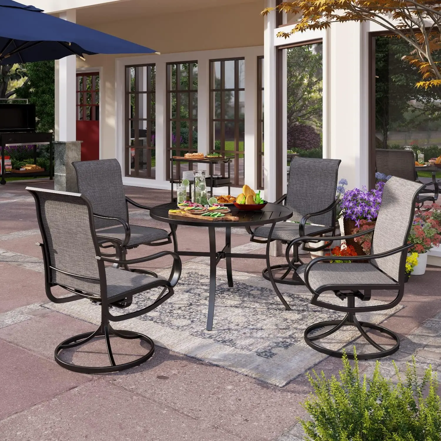 Patio Dining Set with Umbrella Hole, 4 Breathable Textilene Swivel Patio Chairs, 1 Round Metal Table, 1.57 