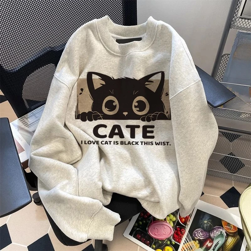 DAYIFUN Women's Solid Color Loose Hoodies Round Neck Casual Long Sleeves Pullover Cat Cartoon Printed Fall Women Clothing