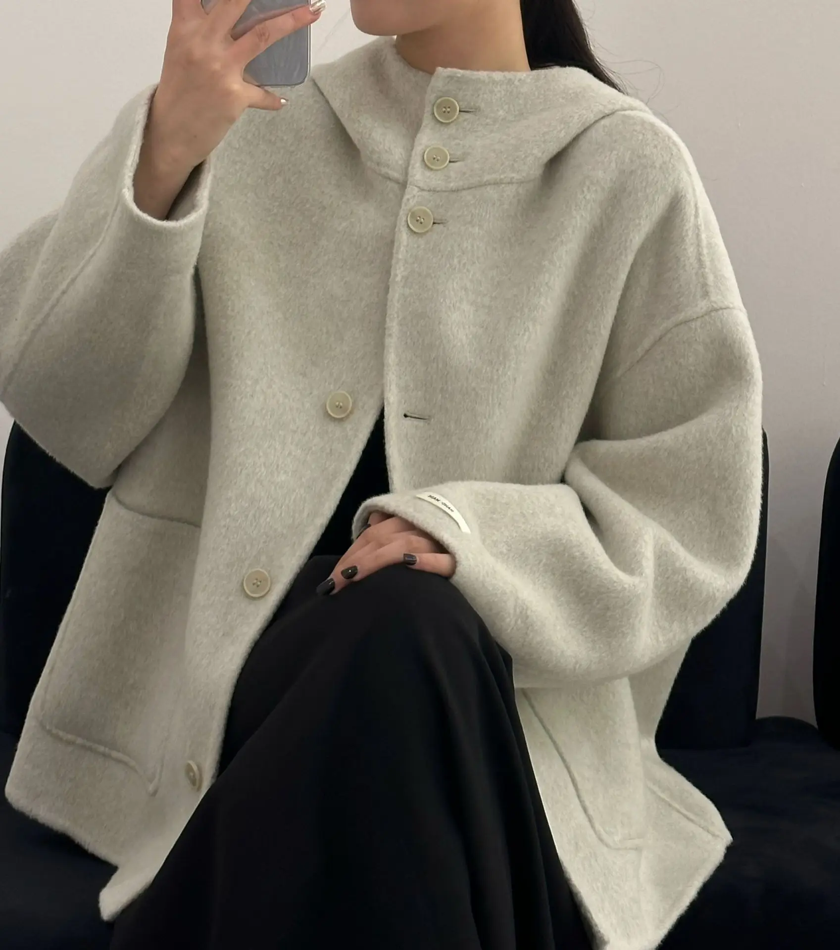 المرأة الخريف الشتاء الصوف مقنعين طويلة الأكمام واحدة الصدر معطف فضفاض سيدة الشارع الشهير جيوب دافئة الصوف أبلى