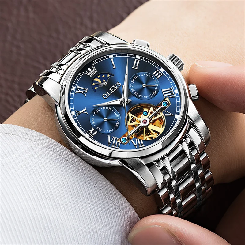 OLEVS Luxury Men Automatic Watch Blue Dial Skeleton Tourbillon Week Date Stainless Steel Band Waterproof Sport Wristwatch Reloj
