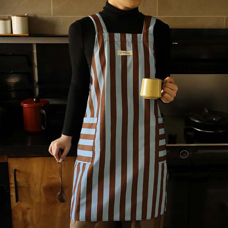 

New Anti-dirty Water-resistant Cotton Kitchen Apron for Women Cross-back Striped Cooking Baking Pinafore for Restaurant Garden