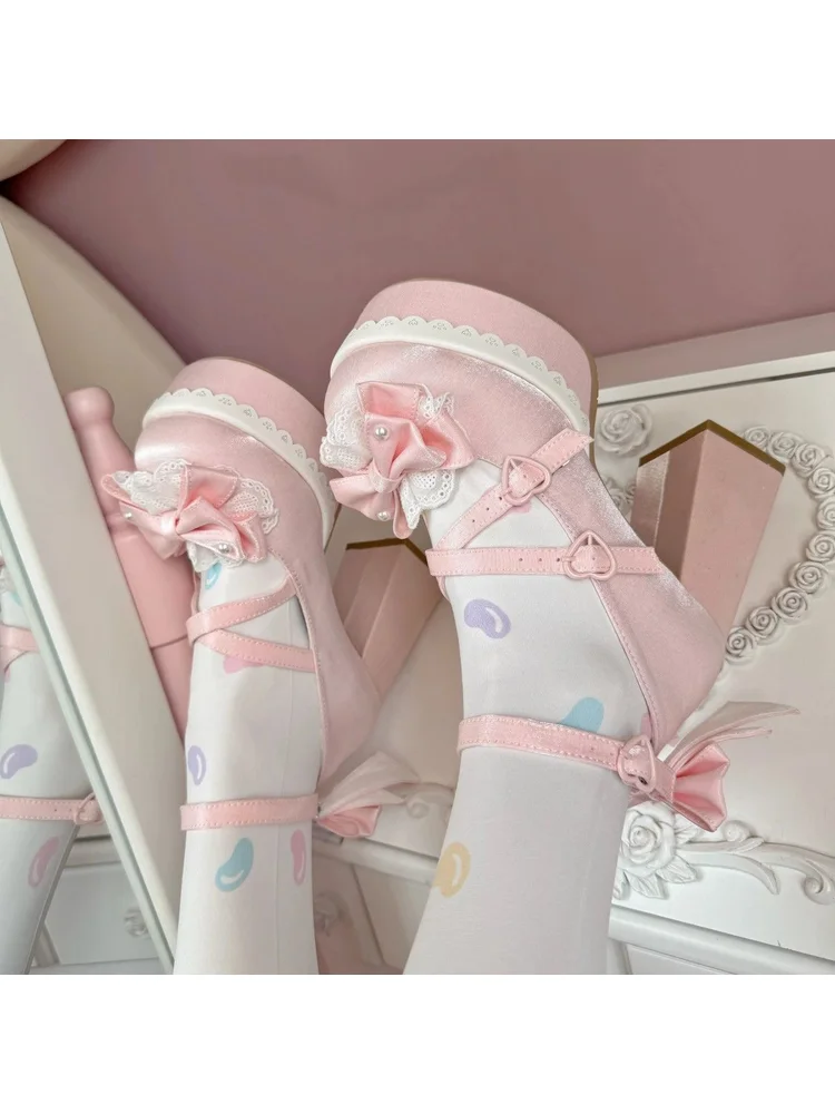 

Lolita Sweet Bow Lace Edge Cross Strap Mary Jane Cute Girl Thick Heel Waterproof Platform High Heels