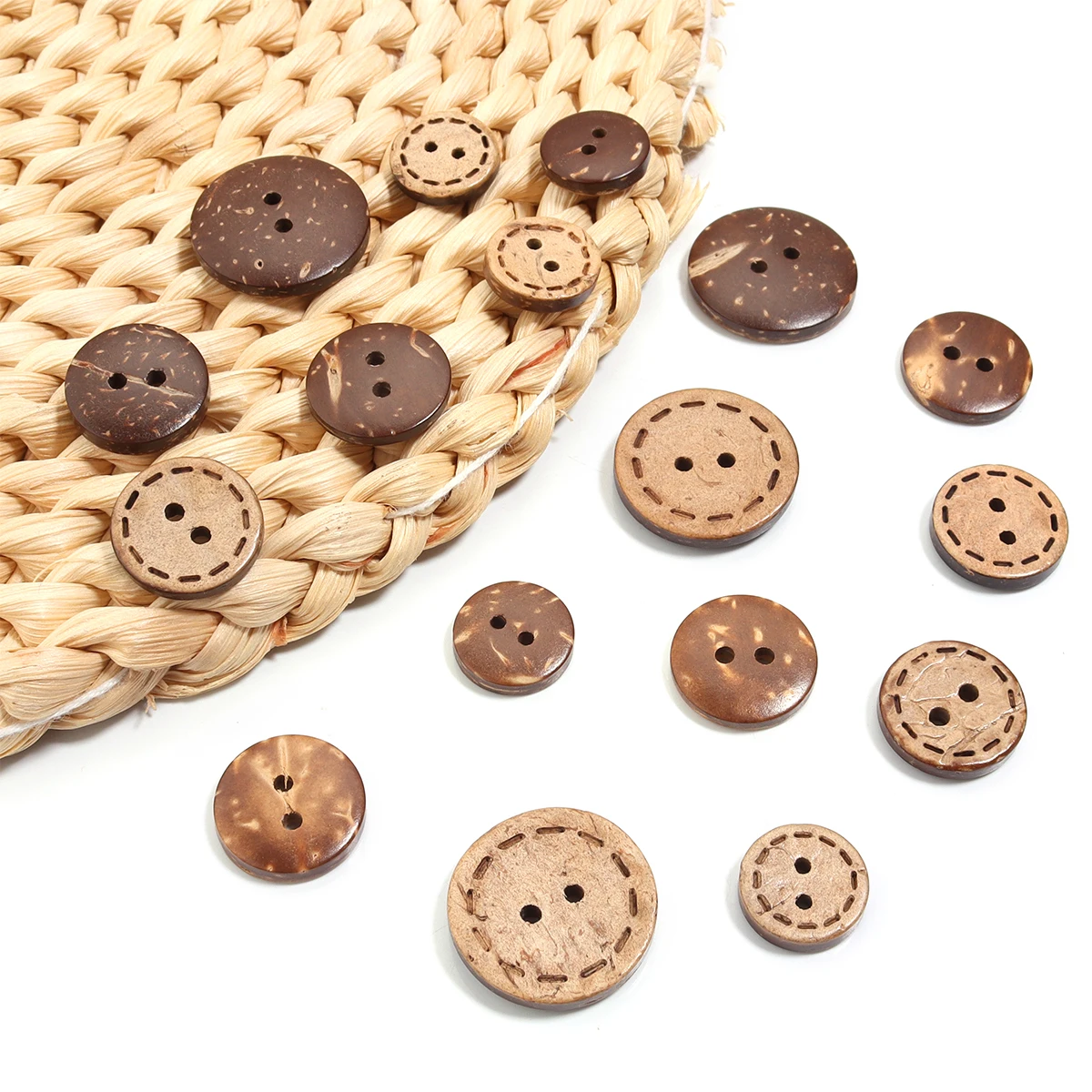 13/15/20mm Kokosnussschalen-Knöpfe, gepunktete Linie, runder Zwei-Augen-Knopf für passendes Hemd, Pullover, Kleidung, DIY, Nähen – Detail 4