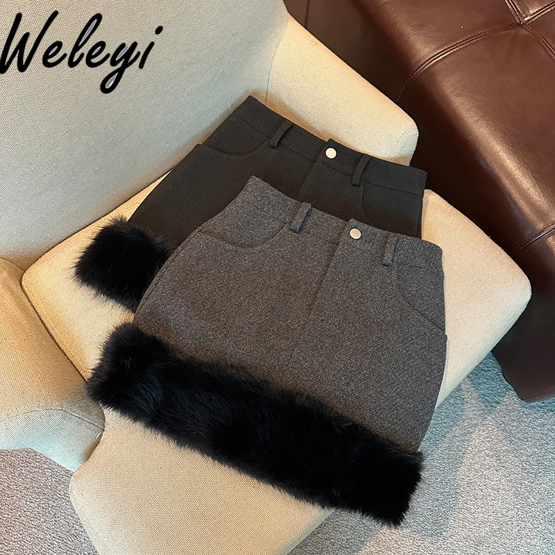 Cute Casual Woolen Splicing Skirts Ropa De Mujer Winter Fashion Versatile High Waist Slim Fit Thick A Shaped Faldas Para Mujeres