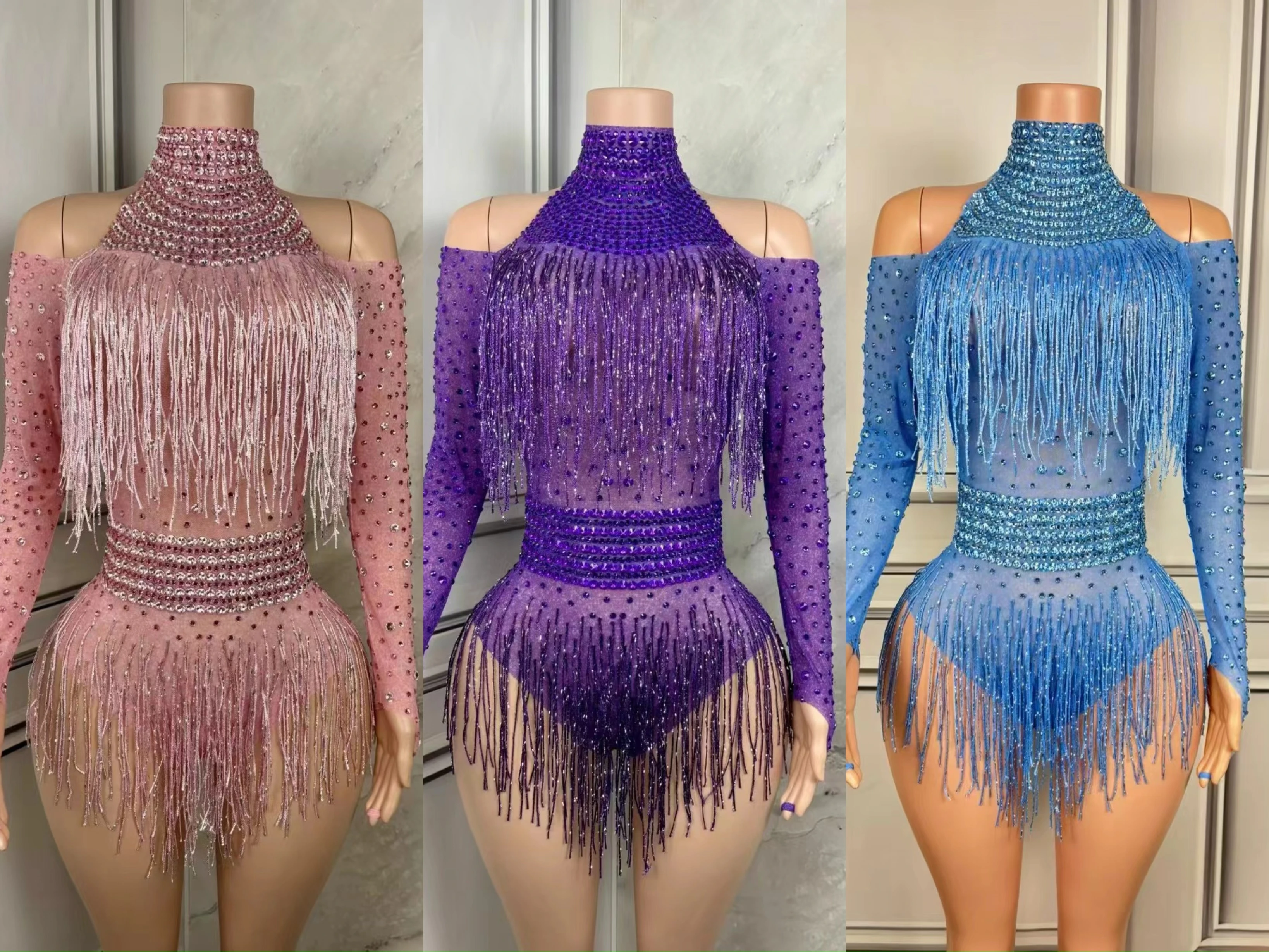 

Rhinestones Fringed Bodysuit Women Gogo Dance Rave Outfit Dj Ds Stage Jazz Clothes Clubwear