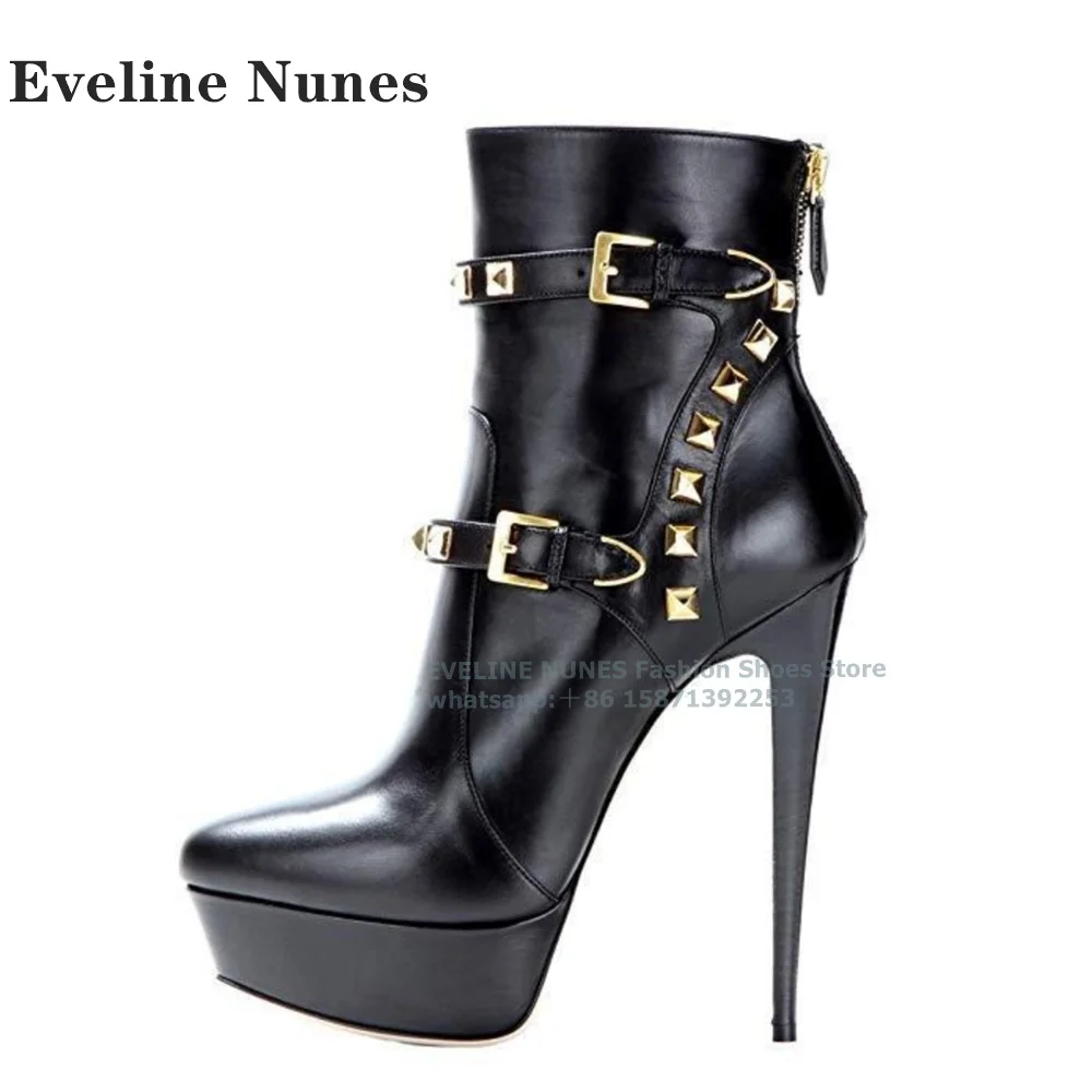 Platform Rivet Belt Buckle Ankle Boots Pointed Toe Thin Heels Back Zipper Sexy Modern Boots 2024 Winter Autumn New Arrivals Shoe