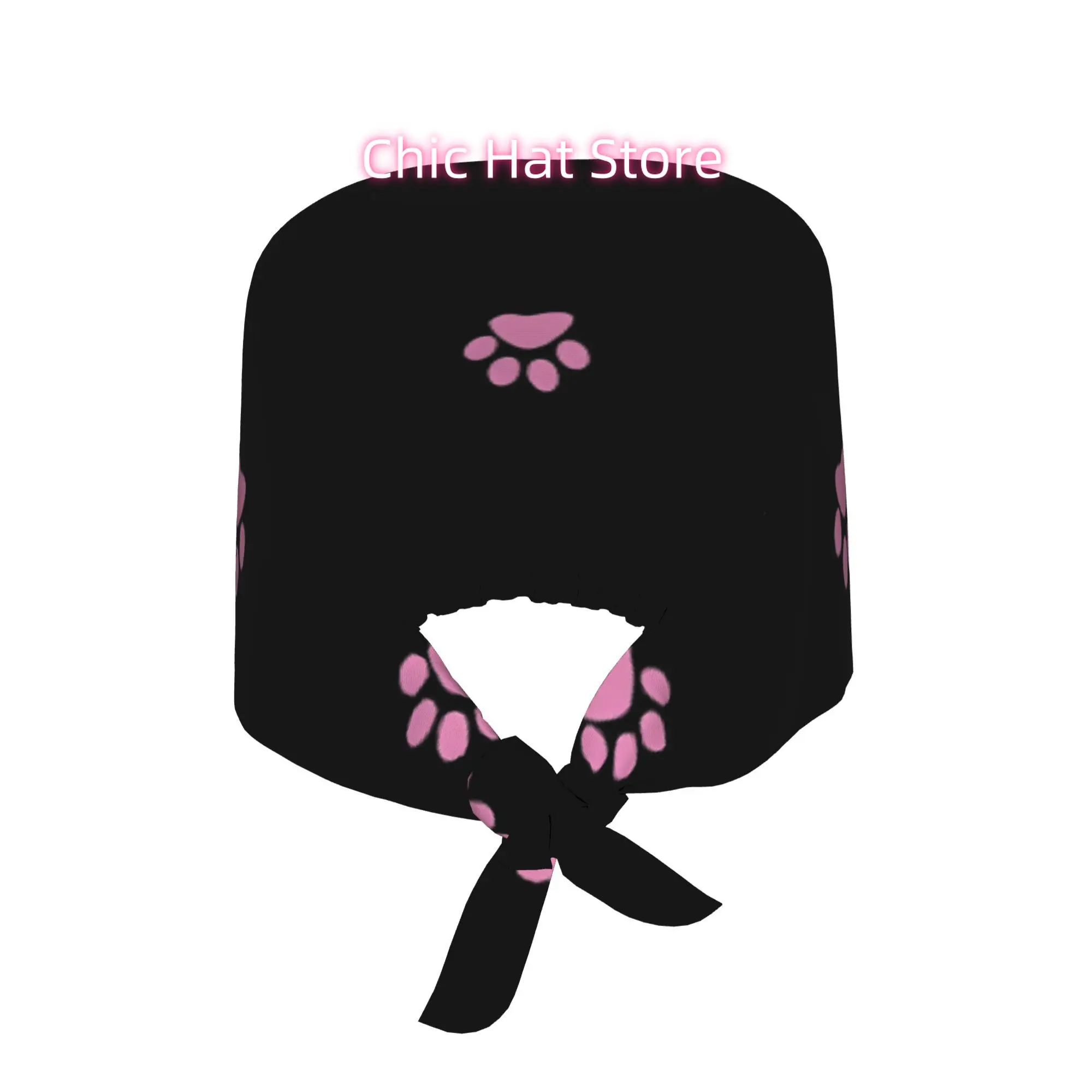 Adjustable Lightweight Work Cap Featuring a Cute Black Cat And Pink Paw Pads, Designed for Both Nurses And Chefs, with a Lace-Up