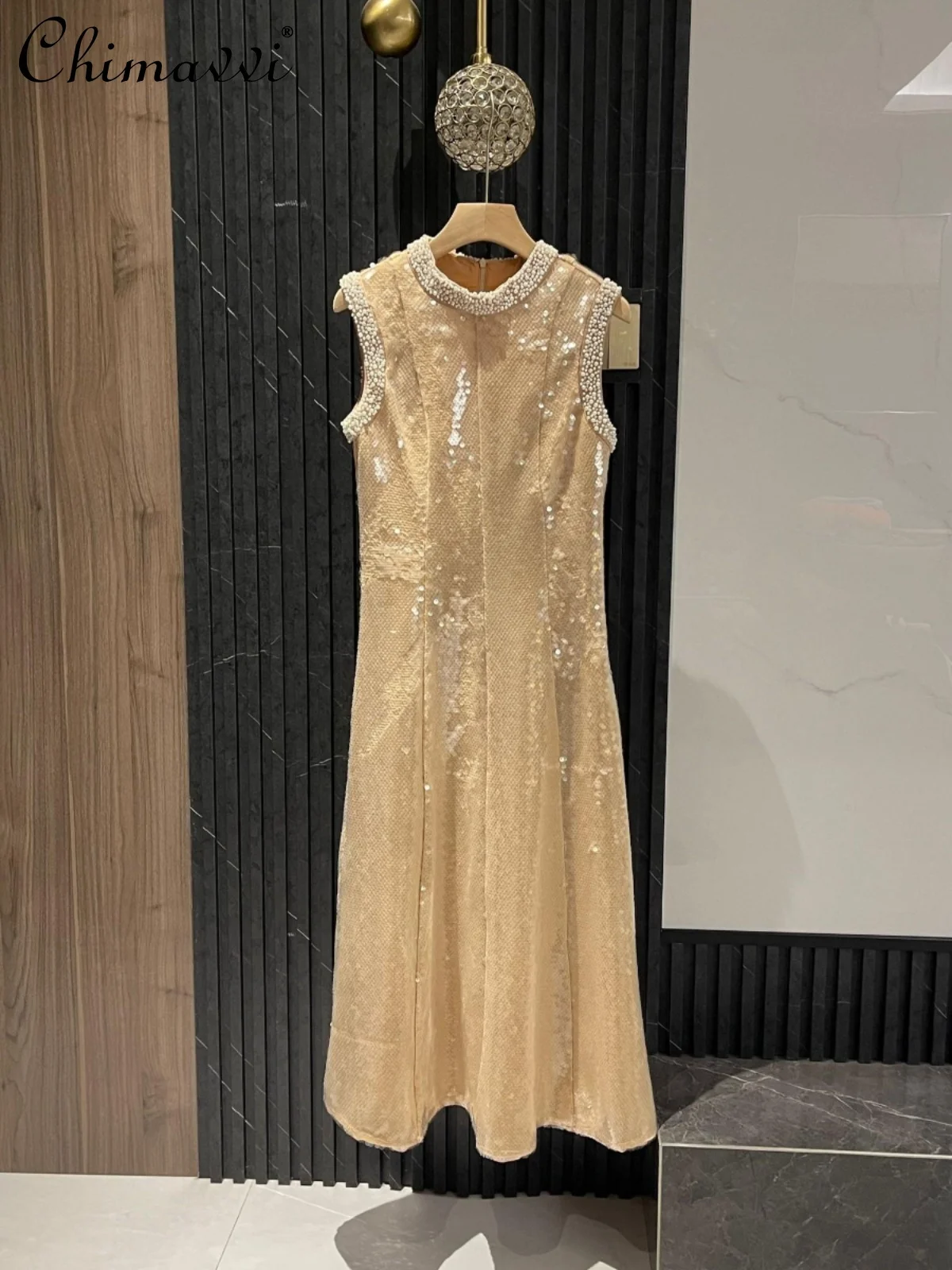 

Heavy Round Neck Pearl Vest Dress for Women 2025 New Fashion Sleeveless Waist-Cinching Elegant Party A-Line Mermaid Sequin Dress
