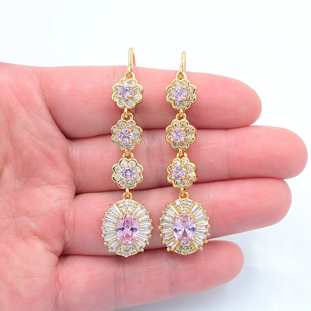 Fashion Gold Color Luxury Purple Zircon CZ Long Oval Dangle Wedding Earrings Jewelry