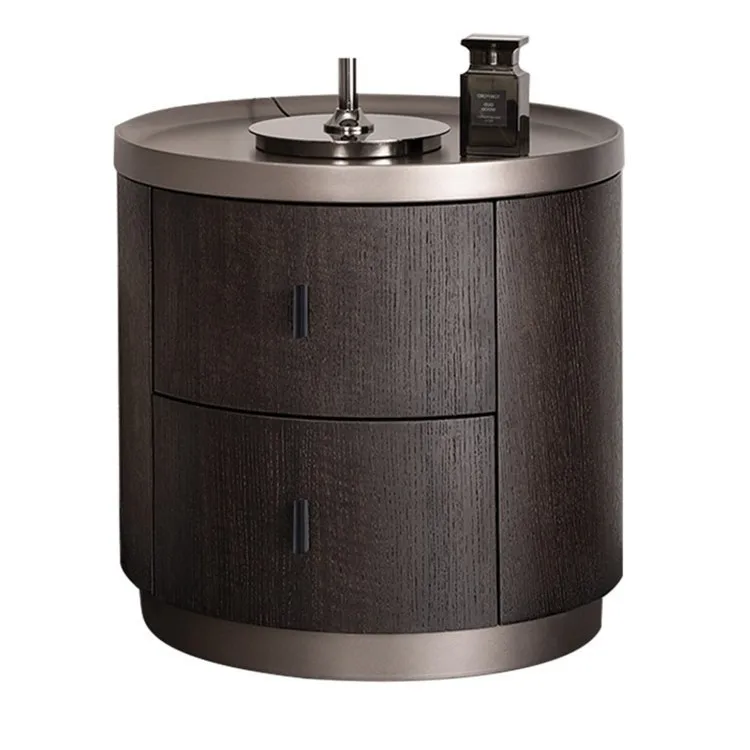 Smoked solid wood round, bedside table simple modern round cabinet, small apartment creative design