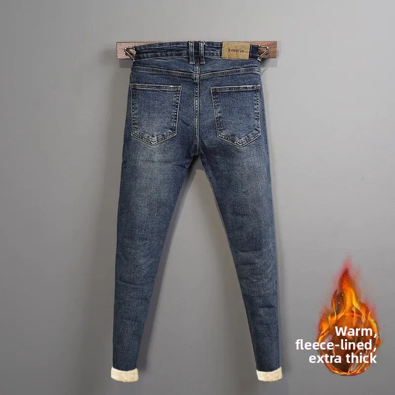

Slim Fit Men's Blue Jeans Elastic Autumn Winter Faion Brand Nine Points Elastic Thi Denim mid Waist Classic Straight Tube