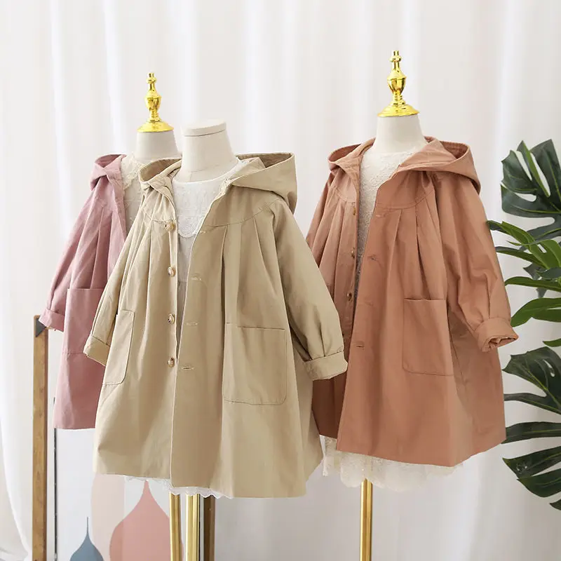 

Girls Trench Coats Autumn Loose Mild-length Hooded Jacket for Kids Casual Children Outerwear Teens Clothes 2-12 Years S36