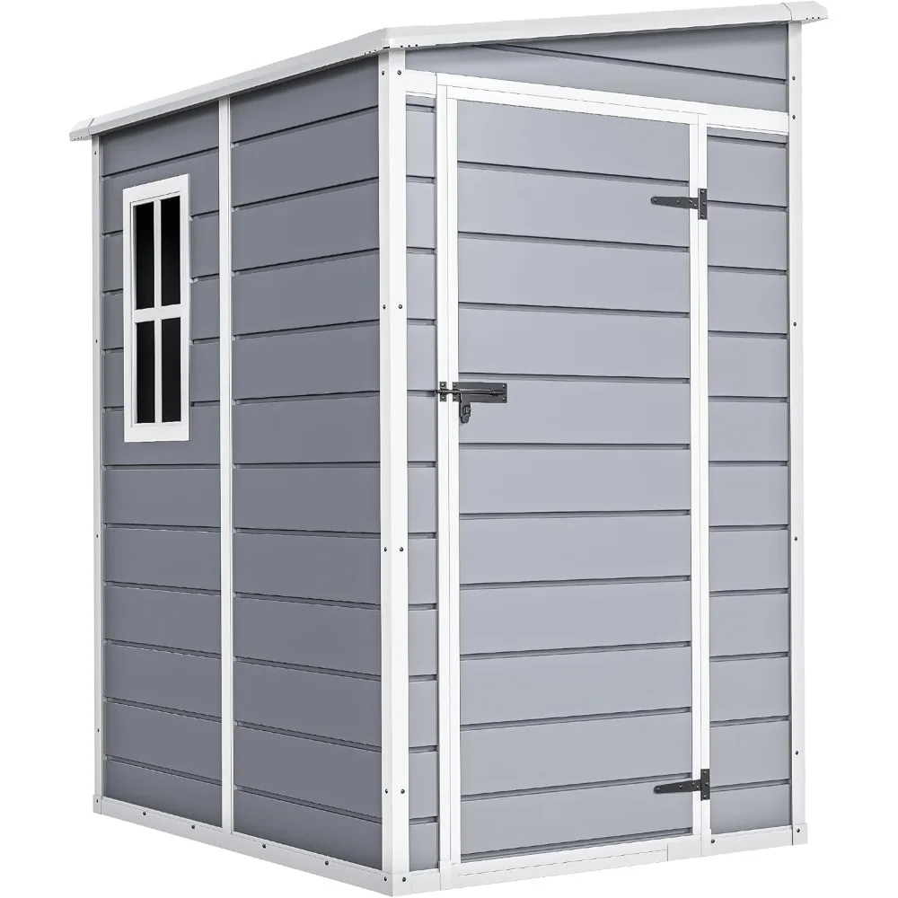 

5x4ft Resin Outdoor Storage Shed with Floor, Large Waterproof Lockable Storage Shed with Window, Plastic Outside Tool Storage
