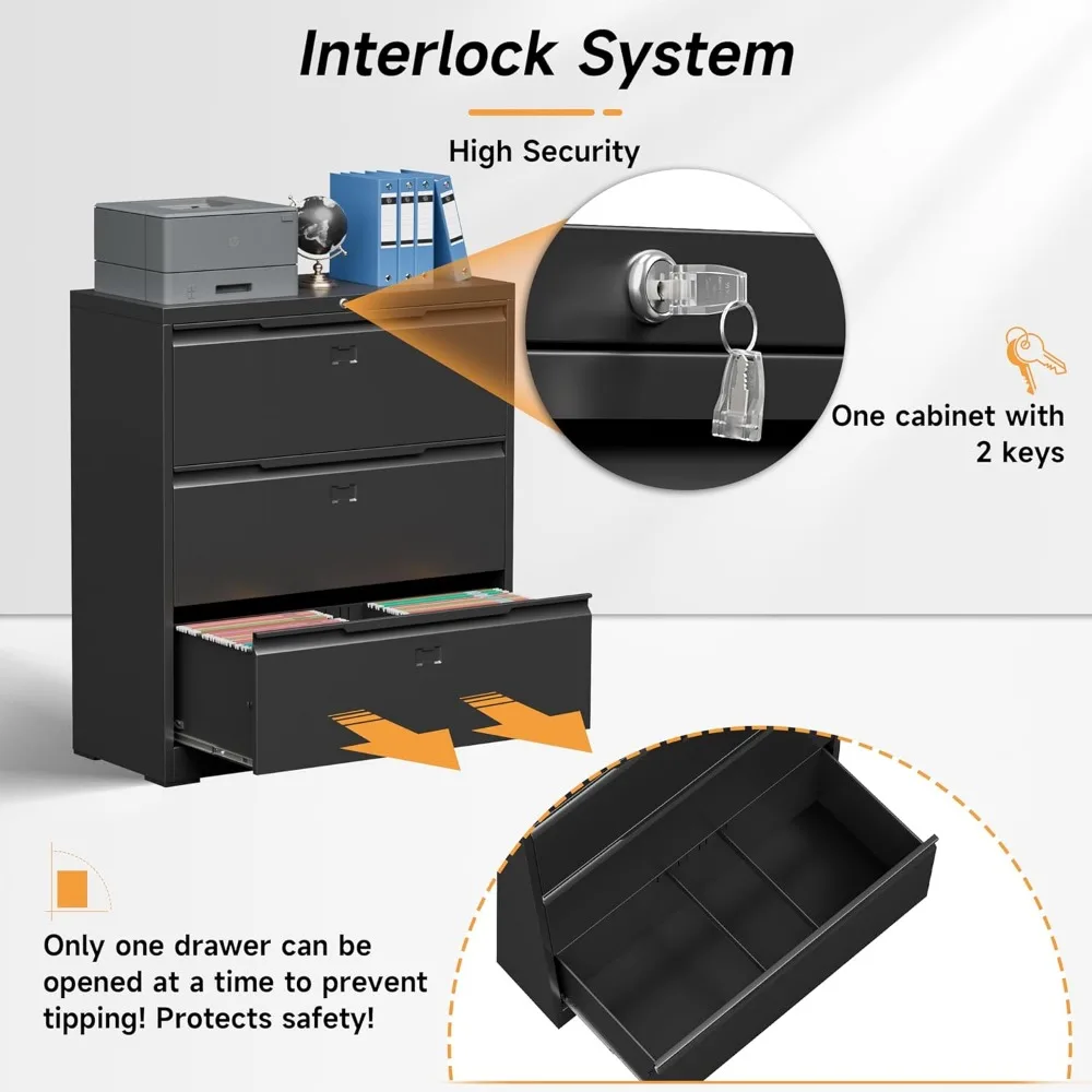 Secure 3-Drawer Metal Lateral File Cabinet for Home and Office, Lockable Steel Storage for Hanging Files, Wide Drawers for Lette