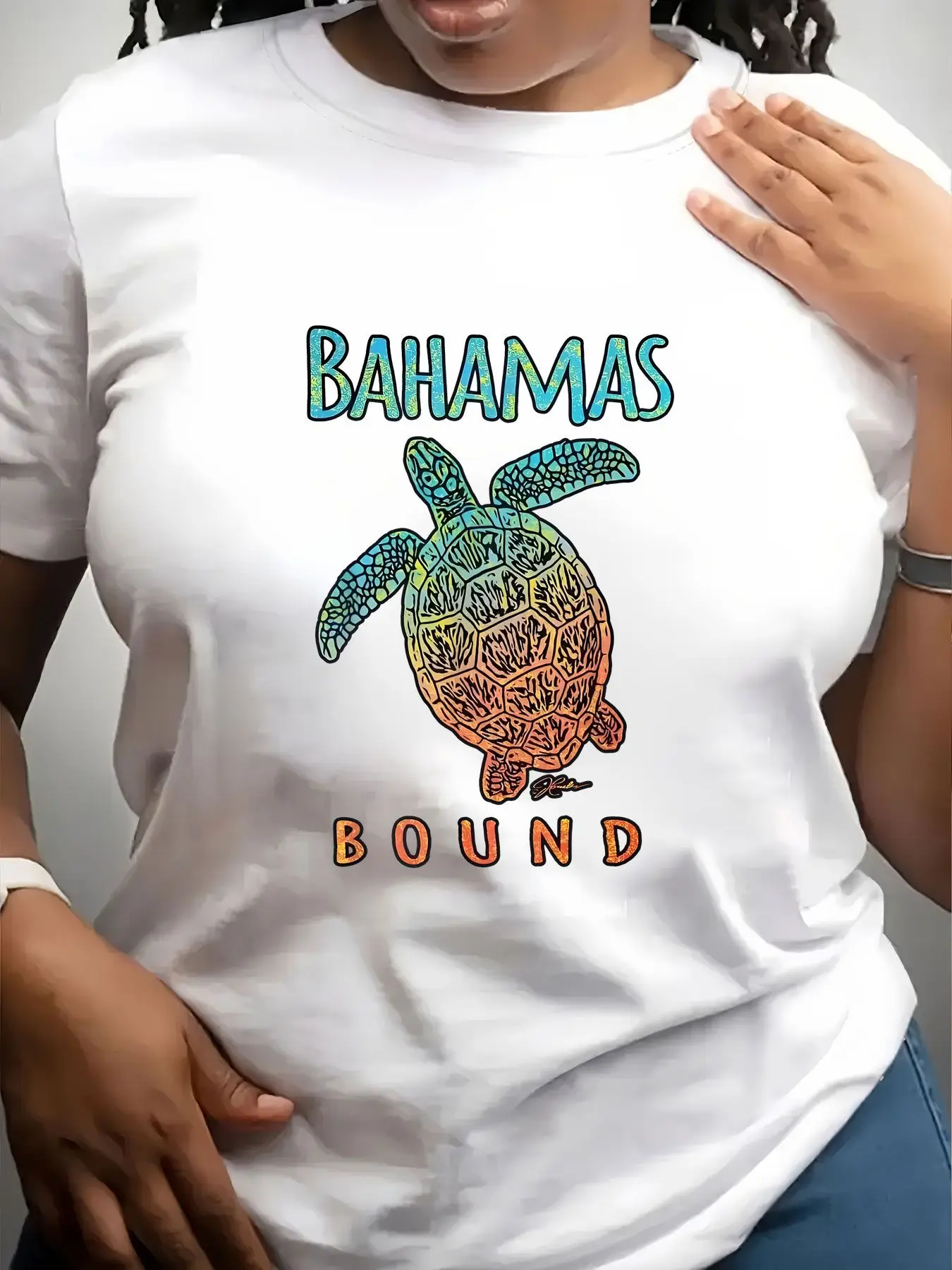 Women's Trendy Crew Neck T-Shirt Bahamas Bound Sea Turtle Design Suitable for Casual Sportswear