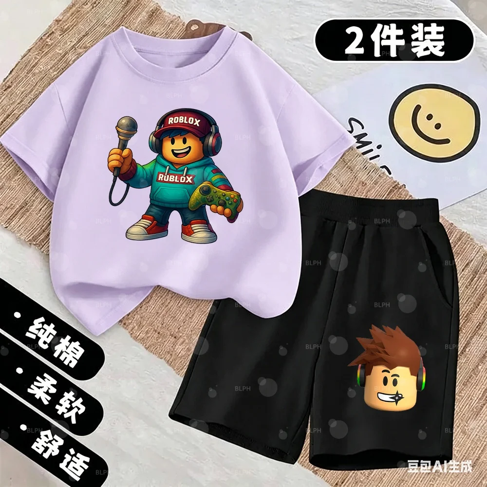 Conjunto de camiseta com capuz Roblox para crianças com estampa de microfone e controle de videogame, tops casuais confortáveis ​​para meninos e menin