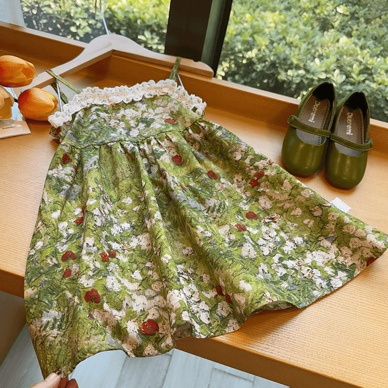 

2-7Y Girls Dress Summer New Flower Full Print Girl Fashionable Princess Dress Sling Kids Dress