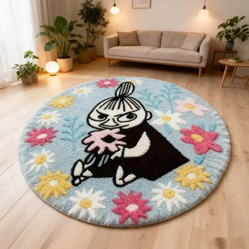 60cm M-Moomins Cute Round Floor Rug Household Bedside Mat for Bedroom Living Room Sofa Decorative Indoor Floor Cushion Mat