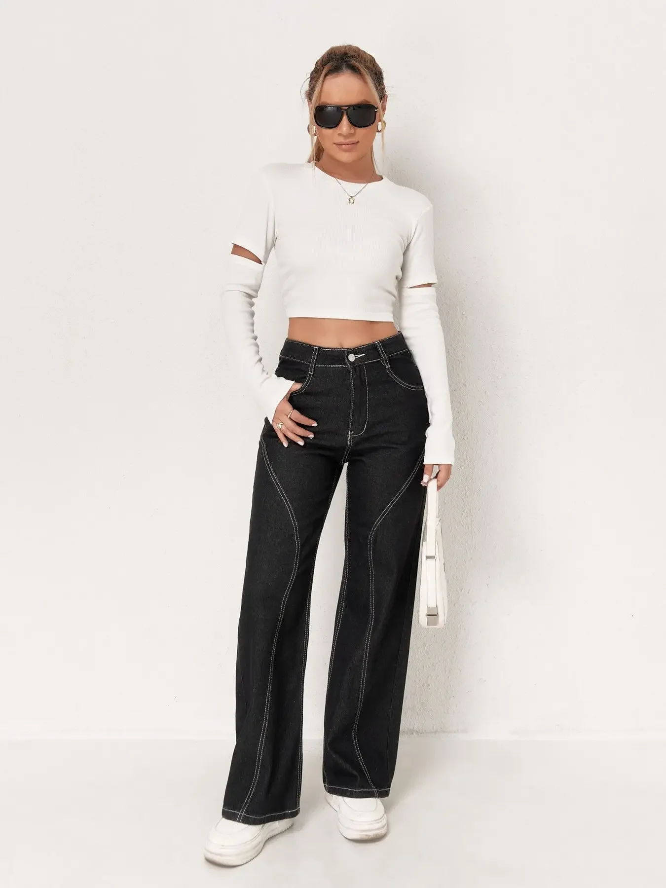 

Trendy Womens Jeans Baggy Jeans Wide Pants With Multi Pocket And Contrast Stitching For Casual Streetwear Fashion Style