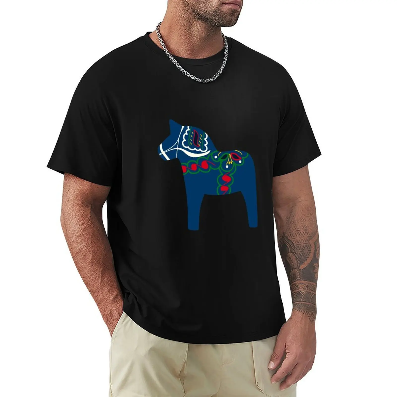

Blue Dala Horse T-Shirt Anime t-shirt summer tops funny costumes vintage t shirt men 100℅ cotton