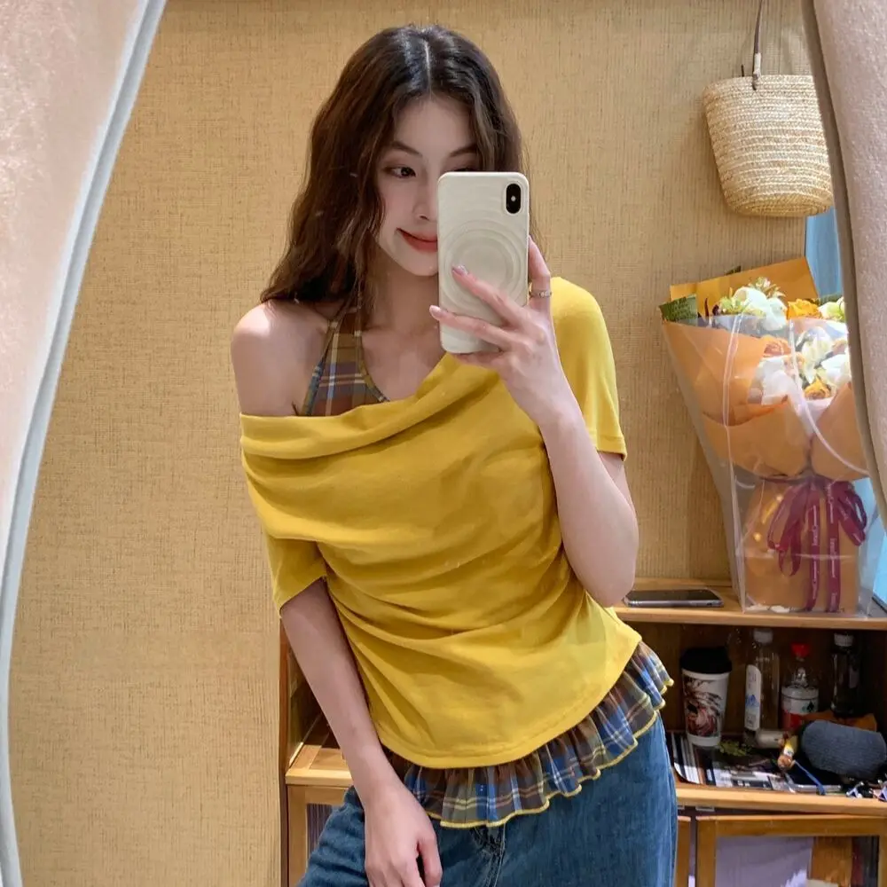 Plaid Patchwork Fake Two-piece Short-sleeved T-shirt for Women Summer Fashion Versatile Beautiful Waist-cinching Blouse Top