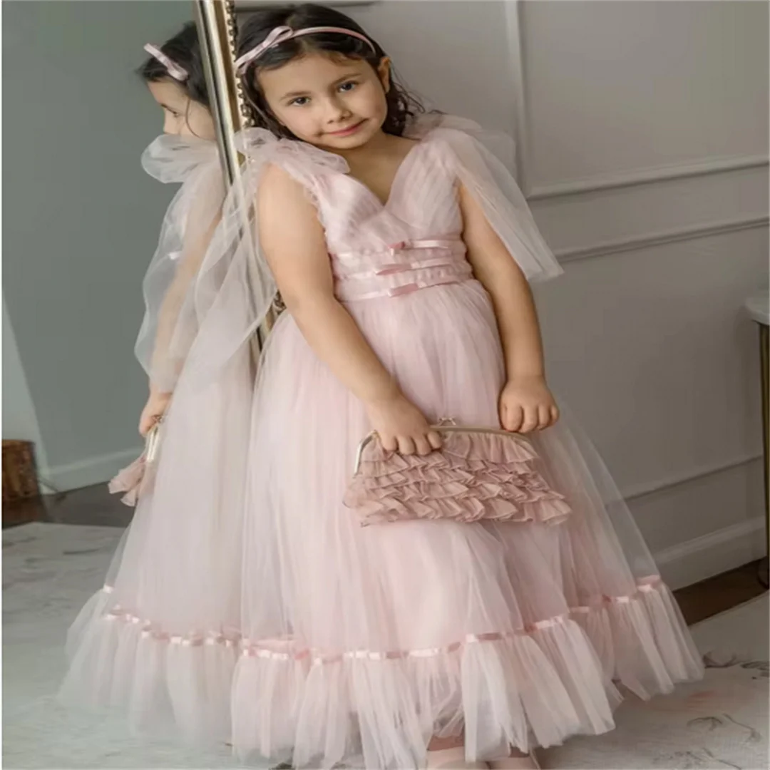 

Платье с цветочным узором для девочек по индивидуальному заказу, розовое тюлевое платье с бантом без рукавов для свадьбы, дня рождения, банкета, платье для причастия