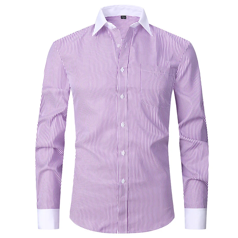 L108 camisa francesa masculina de manga larga a righe de color sólido