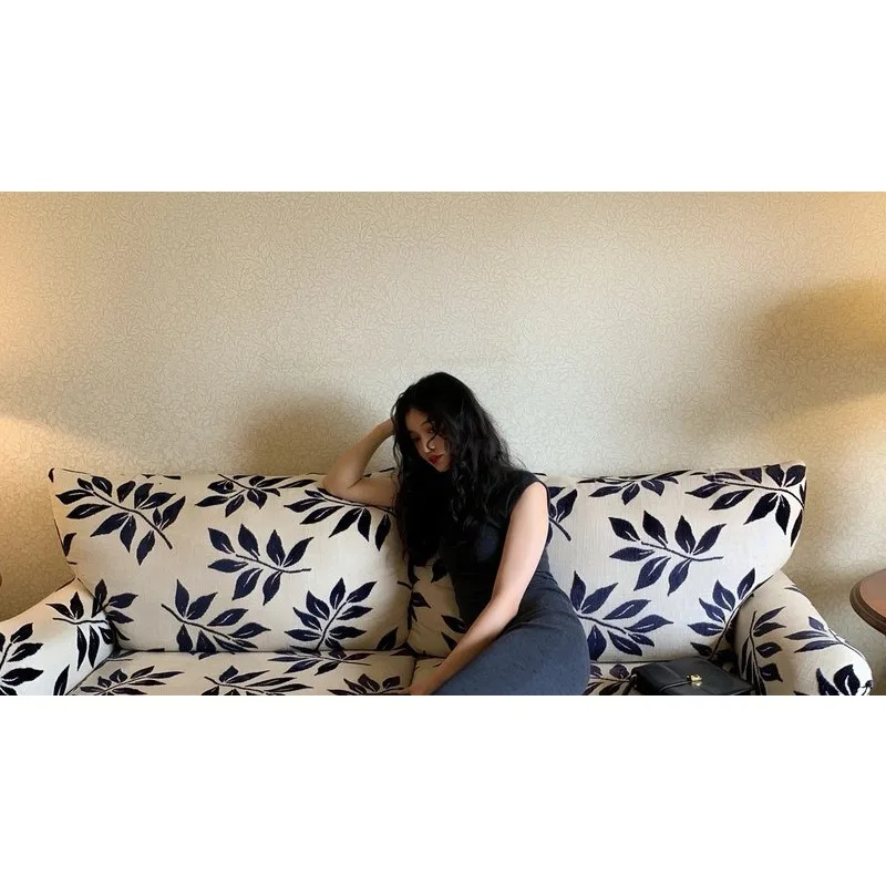 Fabric sofa in the ancient style, lazy wind leaves three people straight row sofa