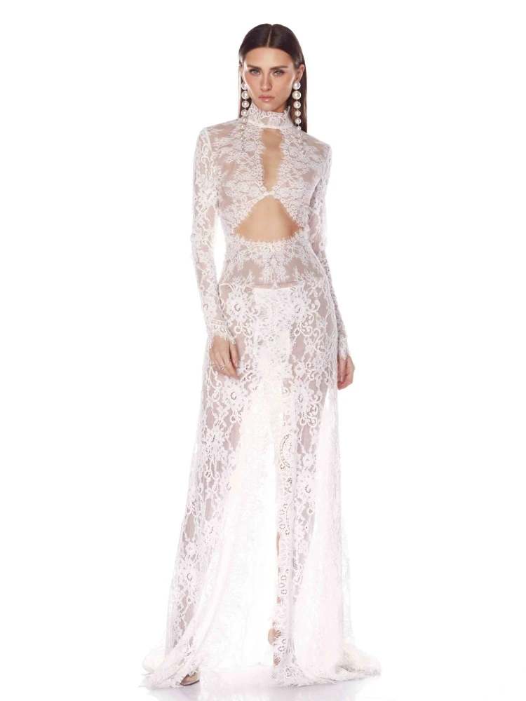 Novo sexy o pescoço renda cortar design vestido longo feminino renda branca manga longa alta divisão vestidos finos festa de noite vestidos de casamento