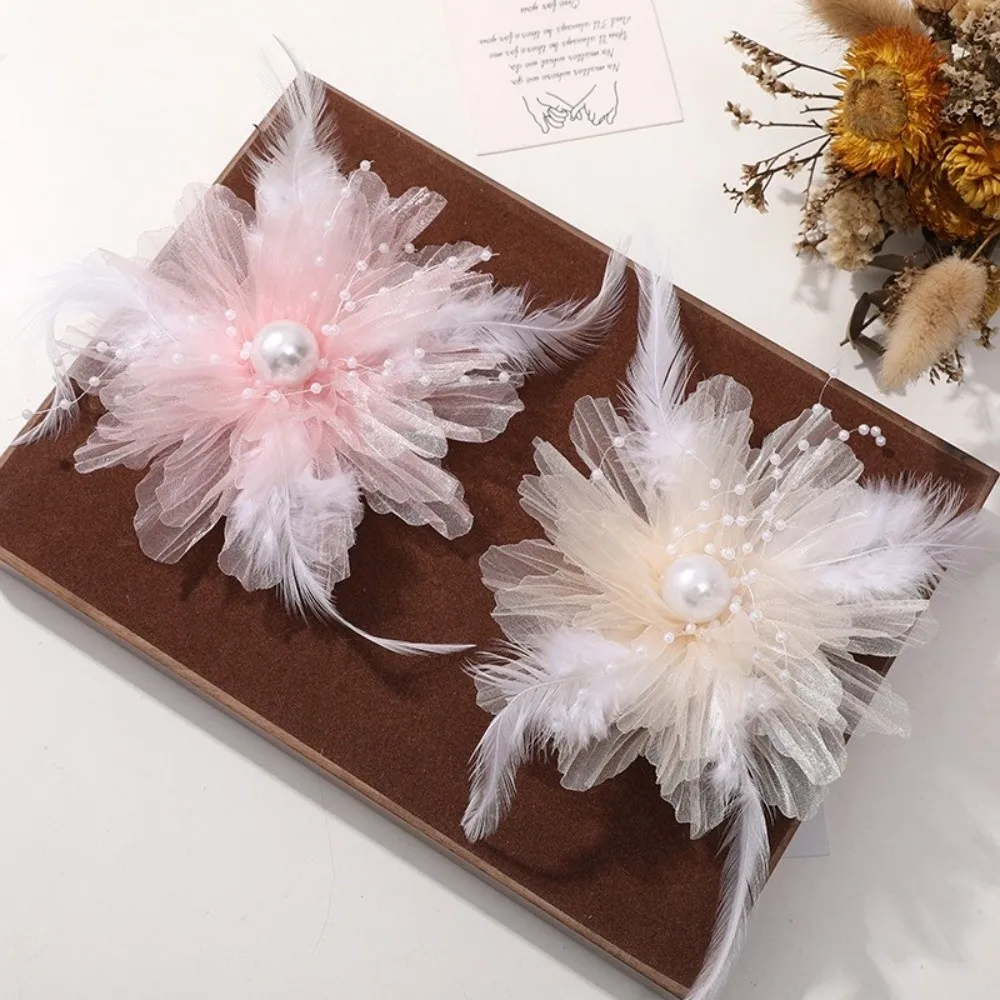 Pearl Embellishment Organza Flower Hair Clip Multi Use Design Feather Decor DIY Craft Hair Ornament Delicate Craftsmanship