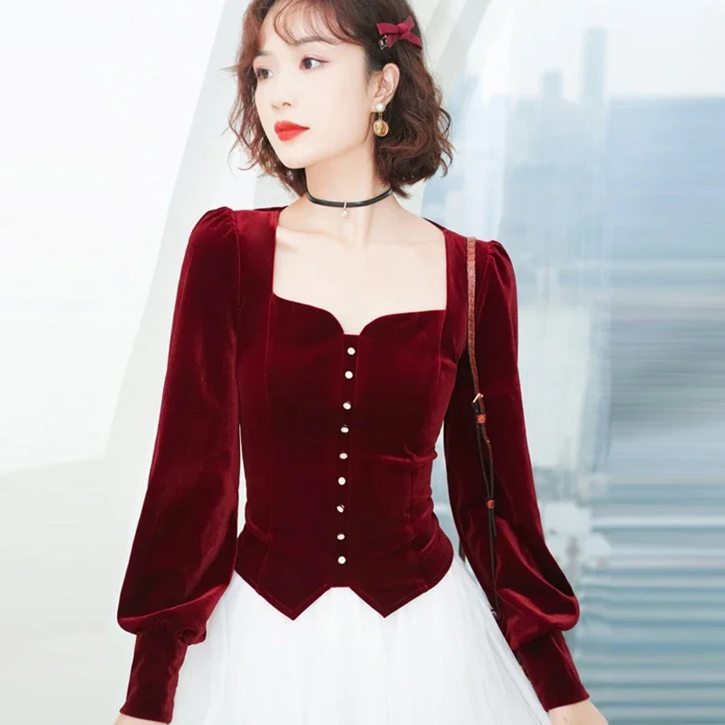 2023 Spring Fall Vintage Womens Square Collar Lantern Sleeve Wine Red Black Velvet Top Blouse , Woman Velour Tops and Blouses