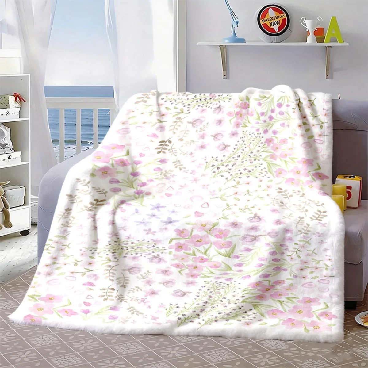 Watercolor Wild Pink Flower Flannel Blanket, Delicate Botanical Floral Art Throw for Living Room Bedroom Warm Holiday Gift Picks