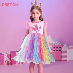 DXTON Summer Children's Dresses Ruffle Sleeve Butterfly Floral Princess Dress Colorful Tulle Toddler Holiday Party Prom Clothing