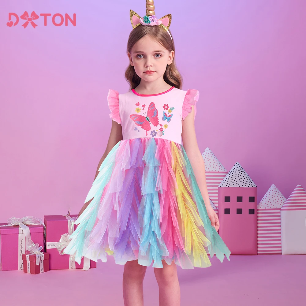DXTON Summer Children's Dresses Ruffle Sleeve Butterfly Floral Princess Dress Colorful Tulle Toddler Holiday Party Prom Clothing