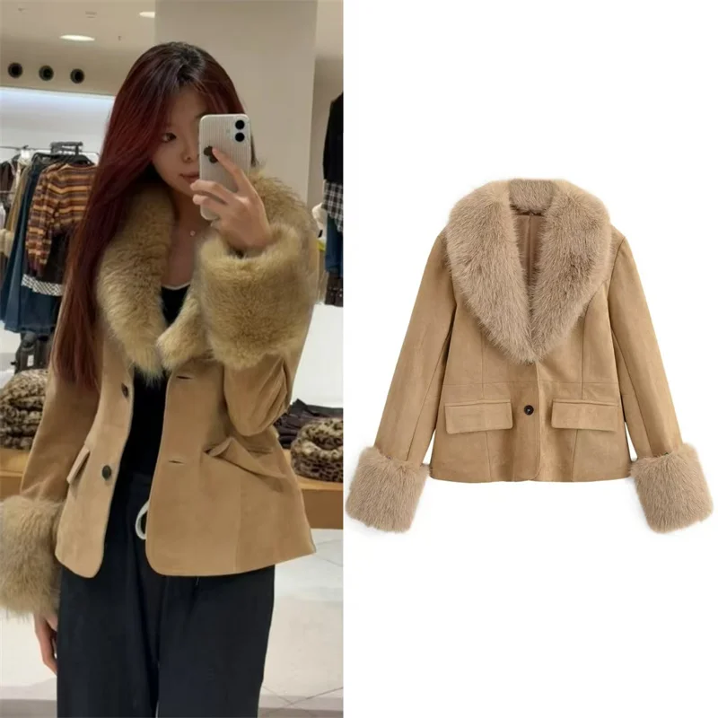 

Женское пальто 2021, осень и зима, новый стиль, верблюжий длинный рукав со съемным меховым воротником, замшевое флисовое теплое пальто, повседневная мода