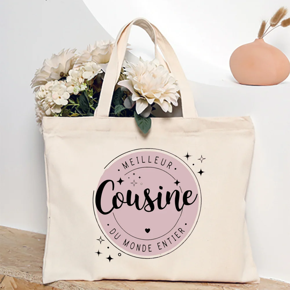 French Cousines Print Canvas Shoulder Bag Female Shopping Tote Women Travel Handbags Eco Reusable Storage Pouch Gifts for Cousin