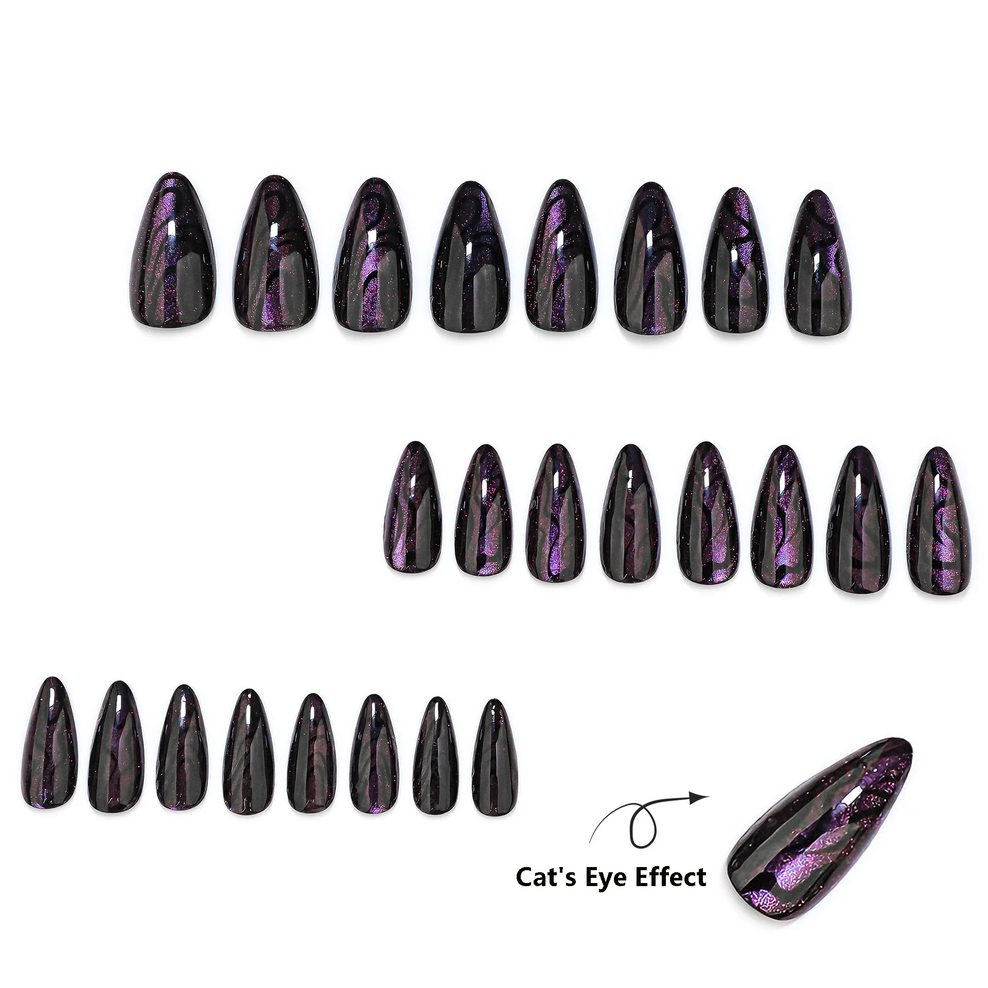 

24pcs Press on Nails Black Cat-Eye Glitter Almond Full Coverage Nail Tips for Women&Girl Detachable Wearable False Nail Art