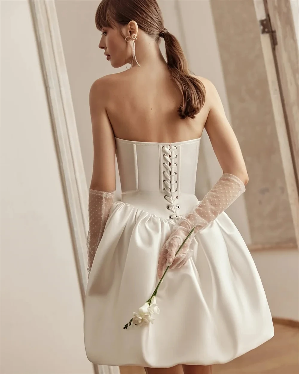 Customized Sweet Romantic Strapless Heart Satin Mini Dress Structured Corset Bubble Skirt Matching Dot Gloves Bridal Attire 2026