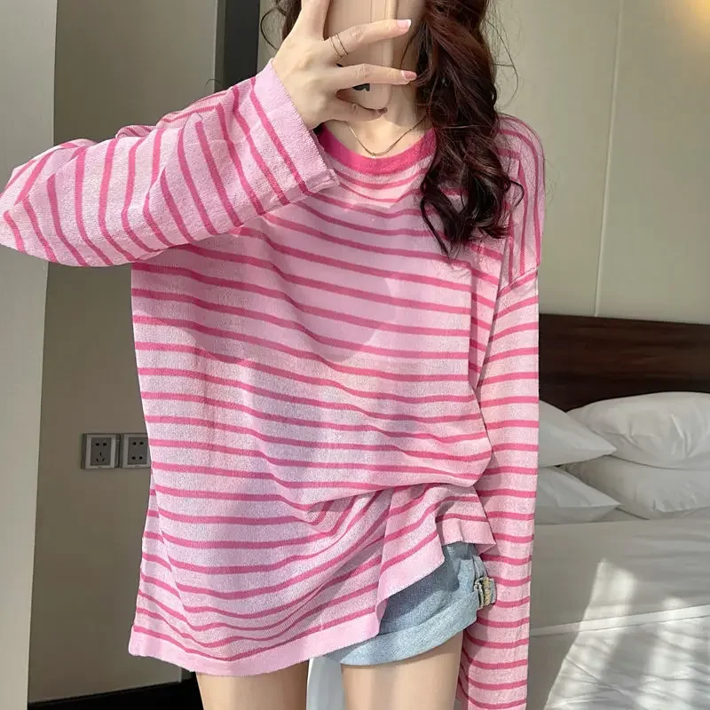 

Sweet Sunscreen Blouse Women Summer Thin Korean Striped Long Sleeve Casual Basics Loose Pullover O-neck Tops