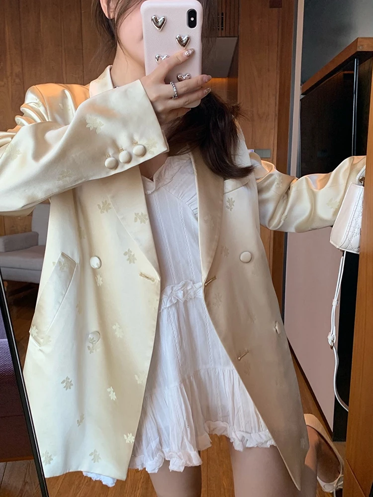 New Fashion Light Golden Satin Print Design Blazer for Women 2024 Spring Vintage Loose Casual Wide Lapel Suit Acetate Jacket