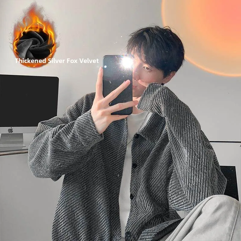 

Men's Long Sve Fce Lined irt Casual Loose Fit American Sle Heavyweight Jaet Autumn Winter Faion Versatile Top