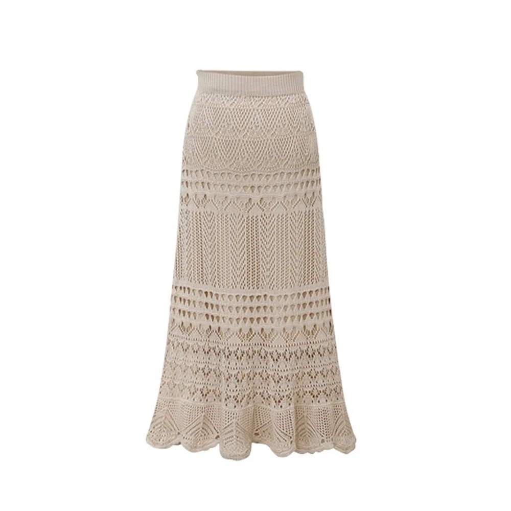 Dames zomer bohemien oversize ruches dun uitgehold gebreide vrouwelijke halflange hoge taille vissenstaart bodycon rok